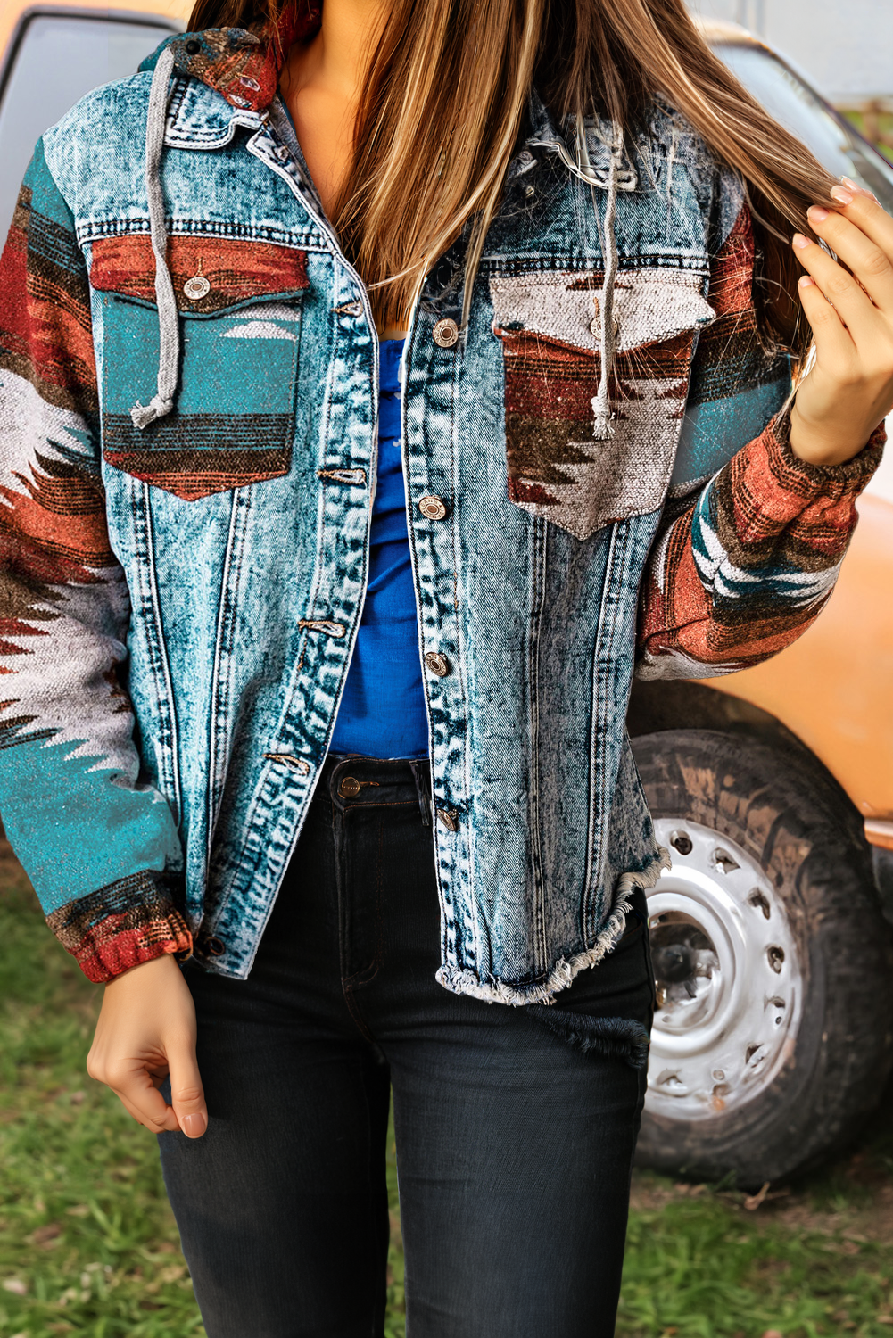 Aztec Denim Hood Jacket
