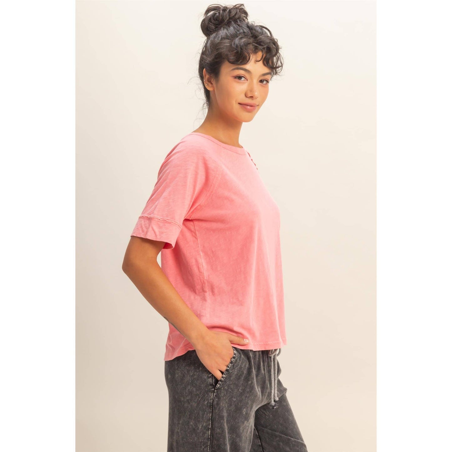 Acid Wash Raw Seam Raglan Short Sleeve Tee