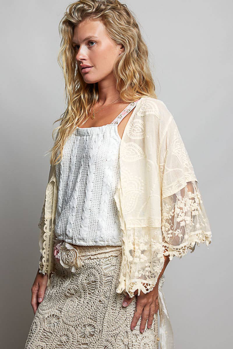 1/2 Sleeve Lace Ruffle Trim Opening Solid Crochet Cardigan