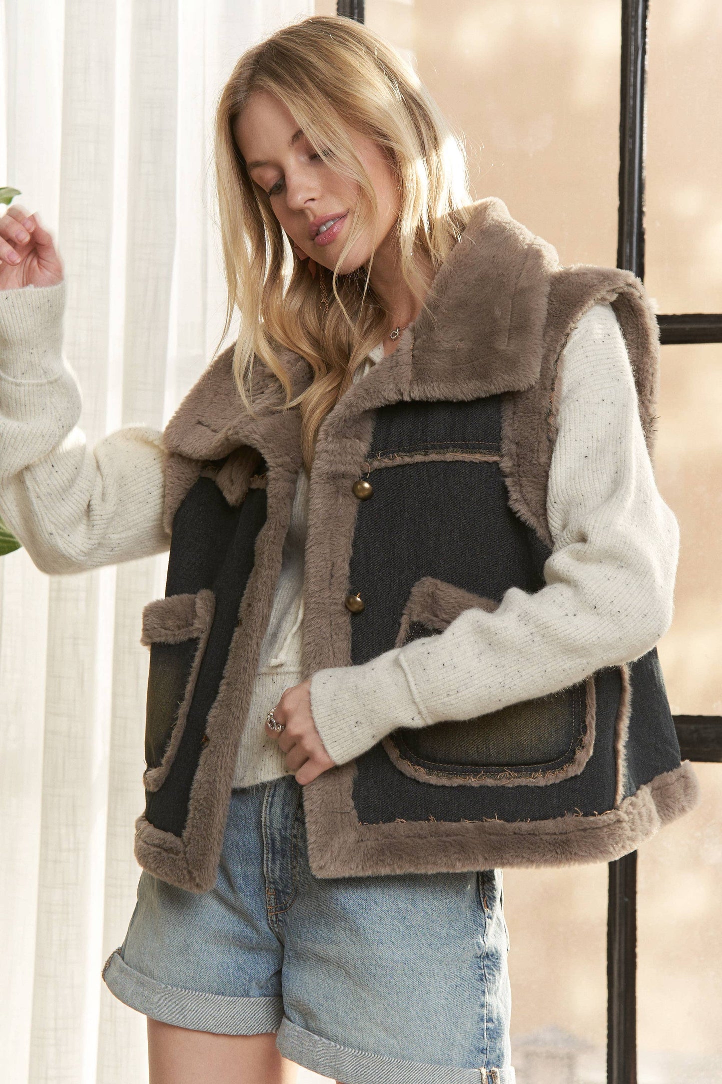 Denim Faux Fur Lined Vest