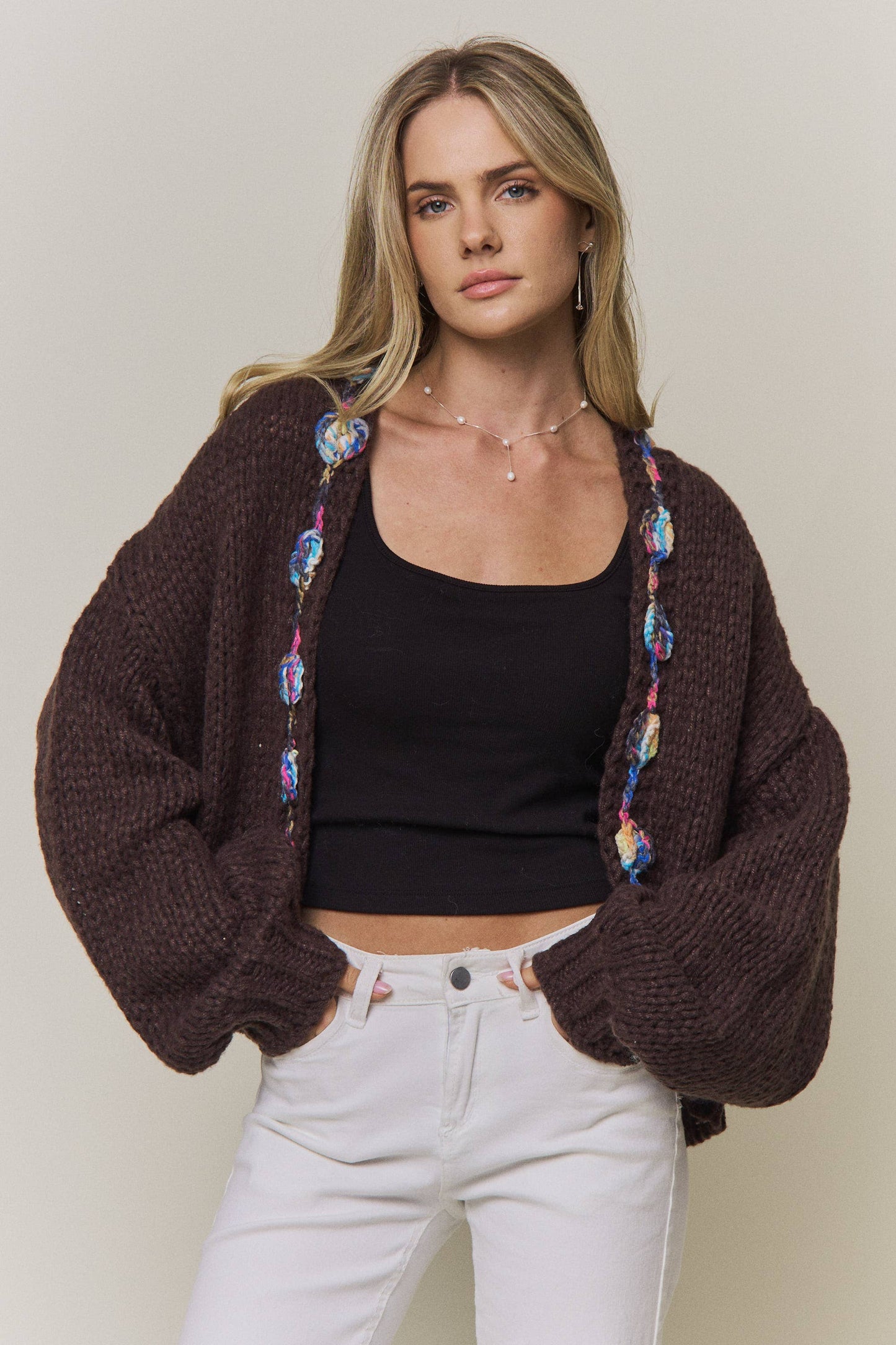 CHUNKY MULTICOLOR TRIM KNIT CARDIGAN - CESW4416