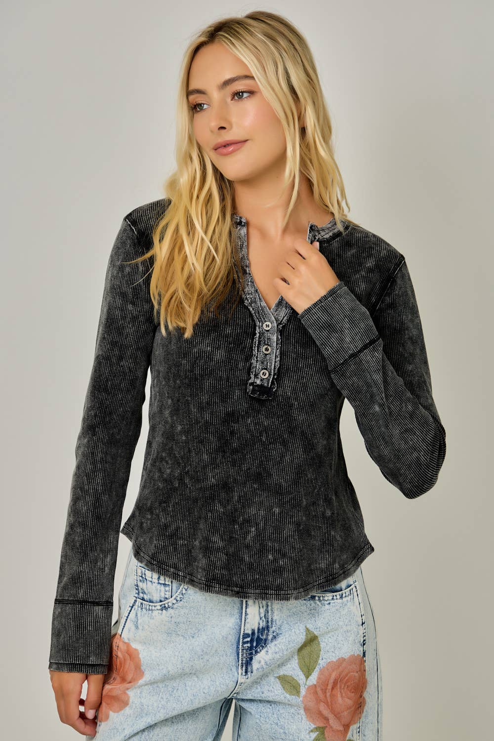 Washed Thermal Henley Top