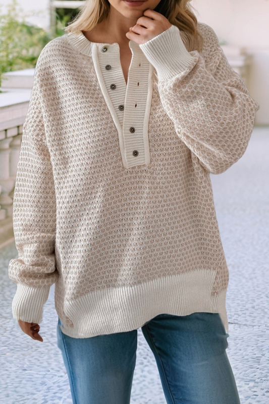 Ribbed Henley Button Drop Shoulder Sweater