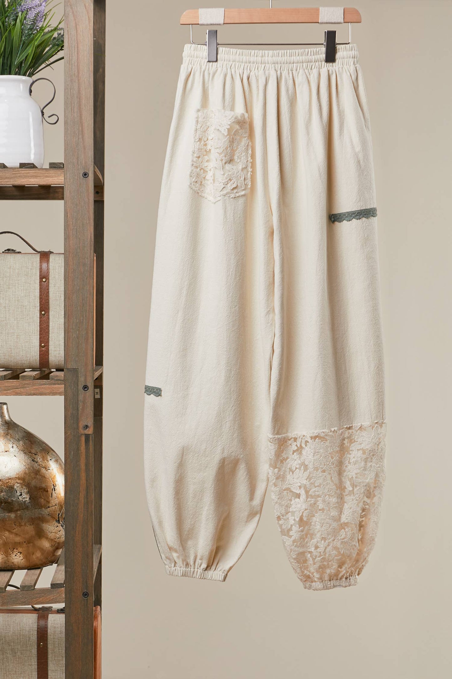 Lace Accents Patchwork Crochet Jogger Pants
