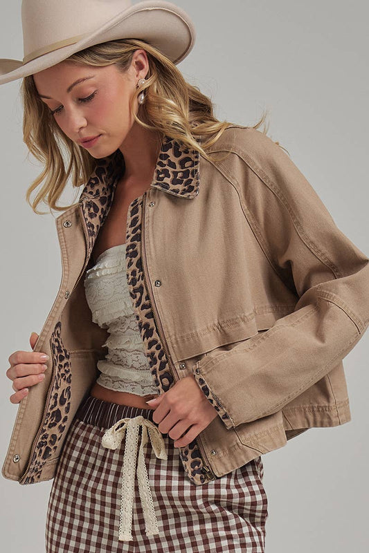 Oxford Canvas Leopard Collar Jacket