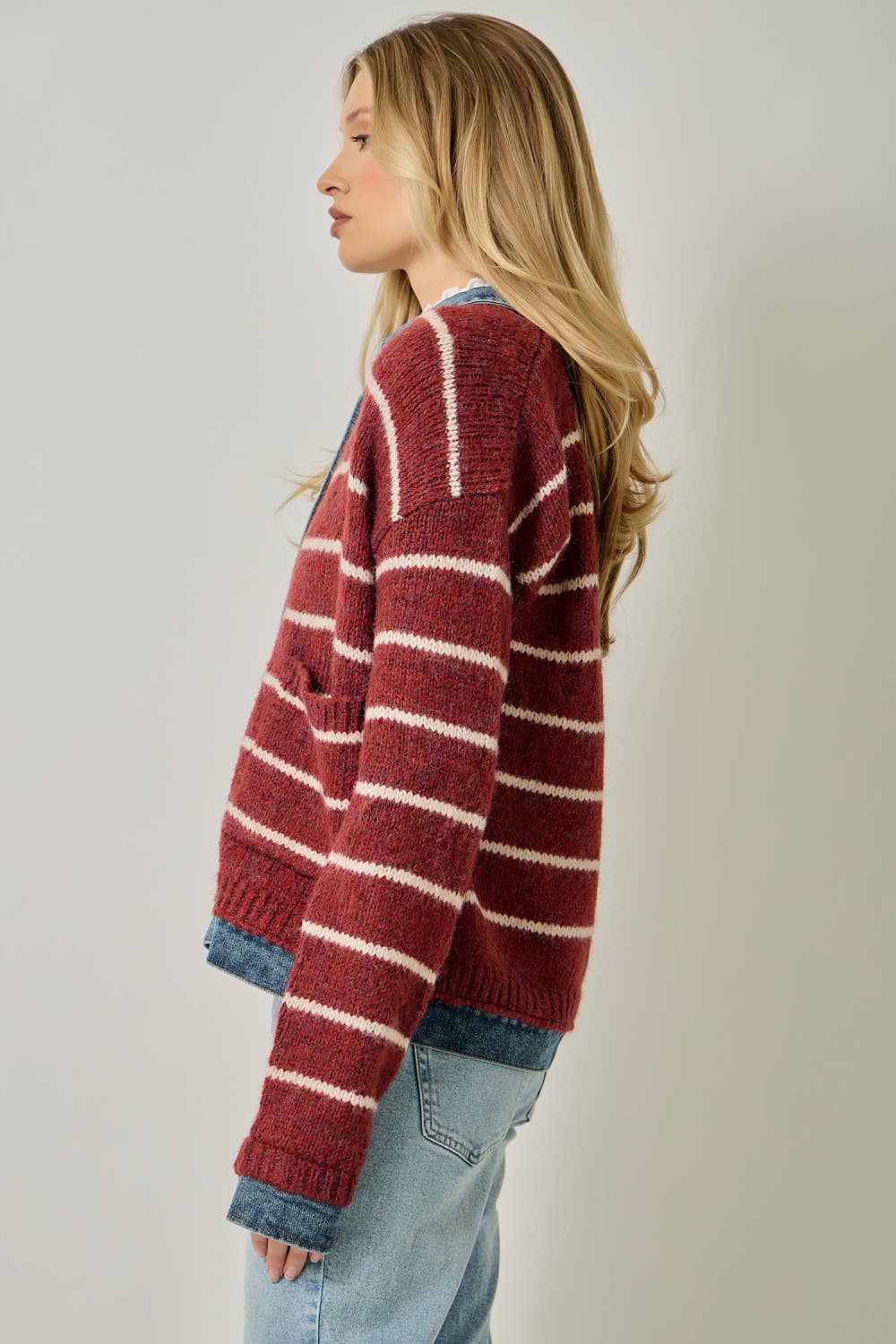 71281 Striped Denim Hem Sweater Jacket