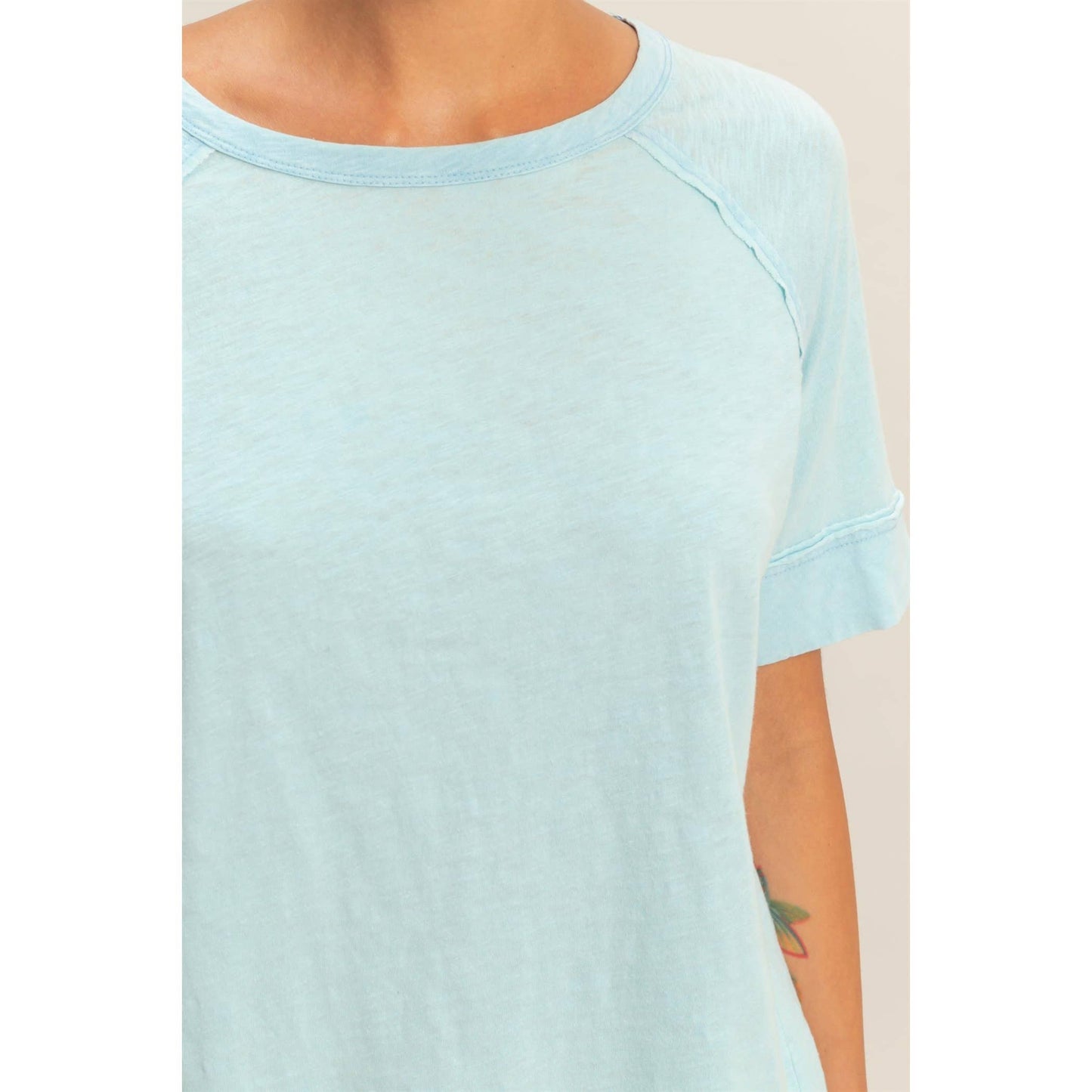 Acid Wash Raw Seam Raglan Short Sleeve Tee