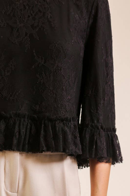 Sheer Lace Ruffle Hem Blouse