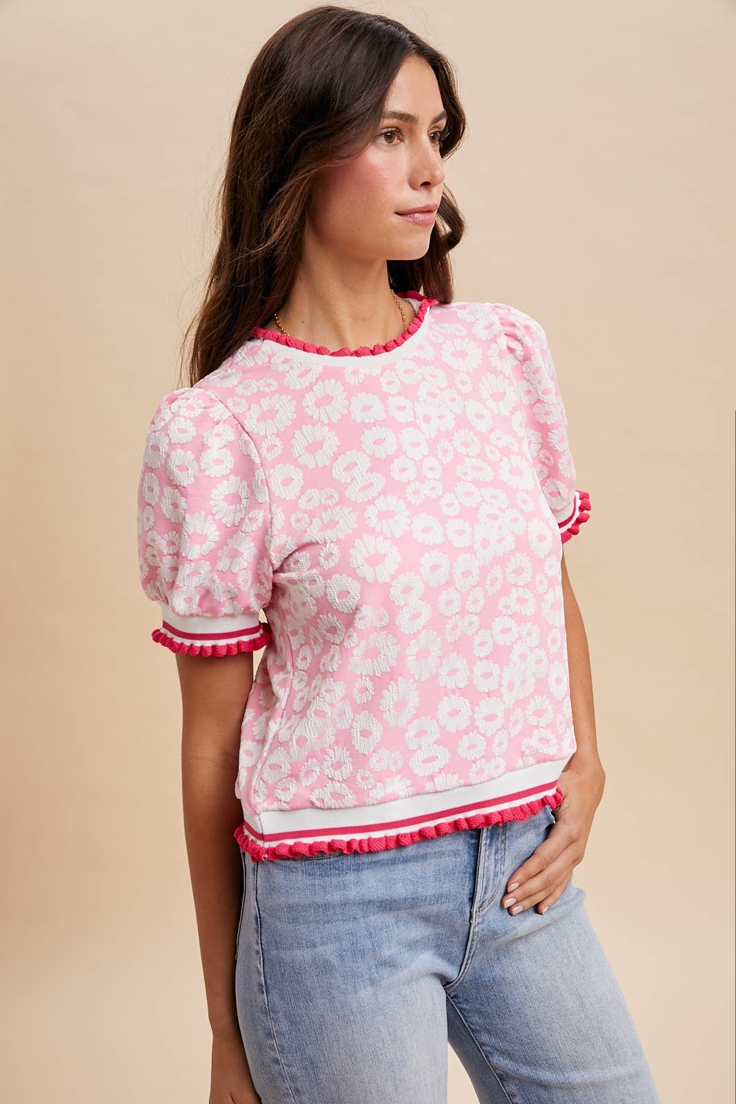 Flower Embossing Puff Sleeve Top
