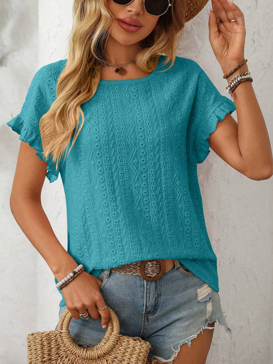 Crewneck Sweet Short-Sleeve Hollow-Out Top