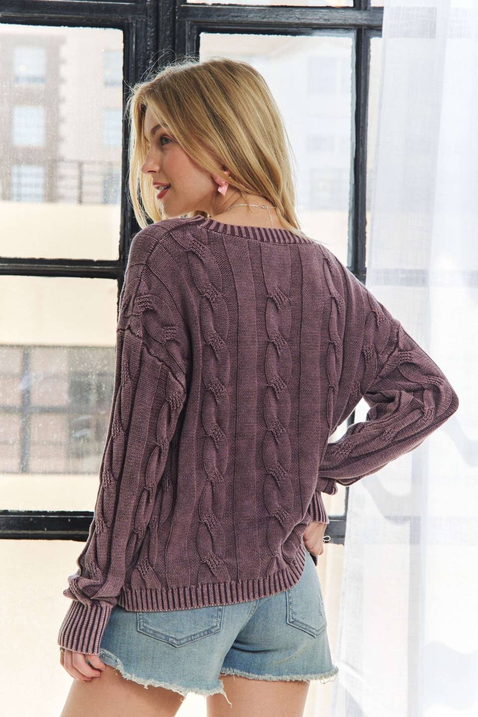 CESW3701 - MINERAL WASHED CABLE KNIT SWEATER TOP