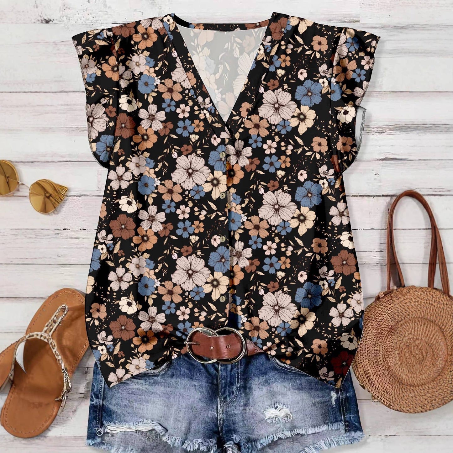 Flutter Sleeve Watercolor Floral & Leopard Print V-Neck Top