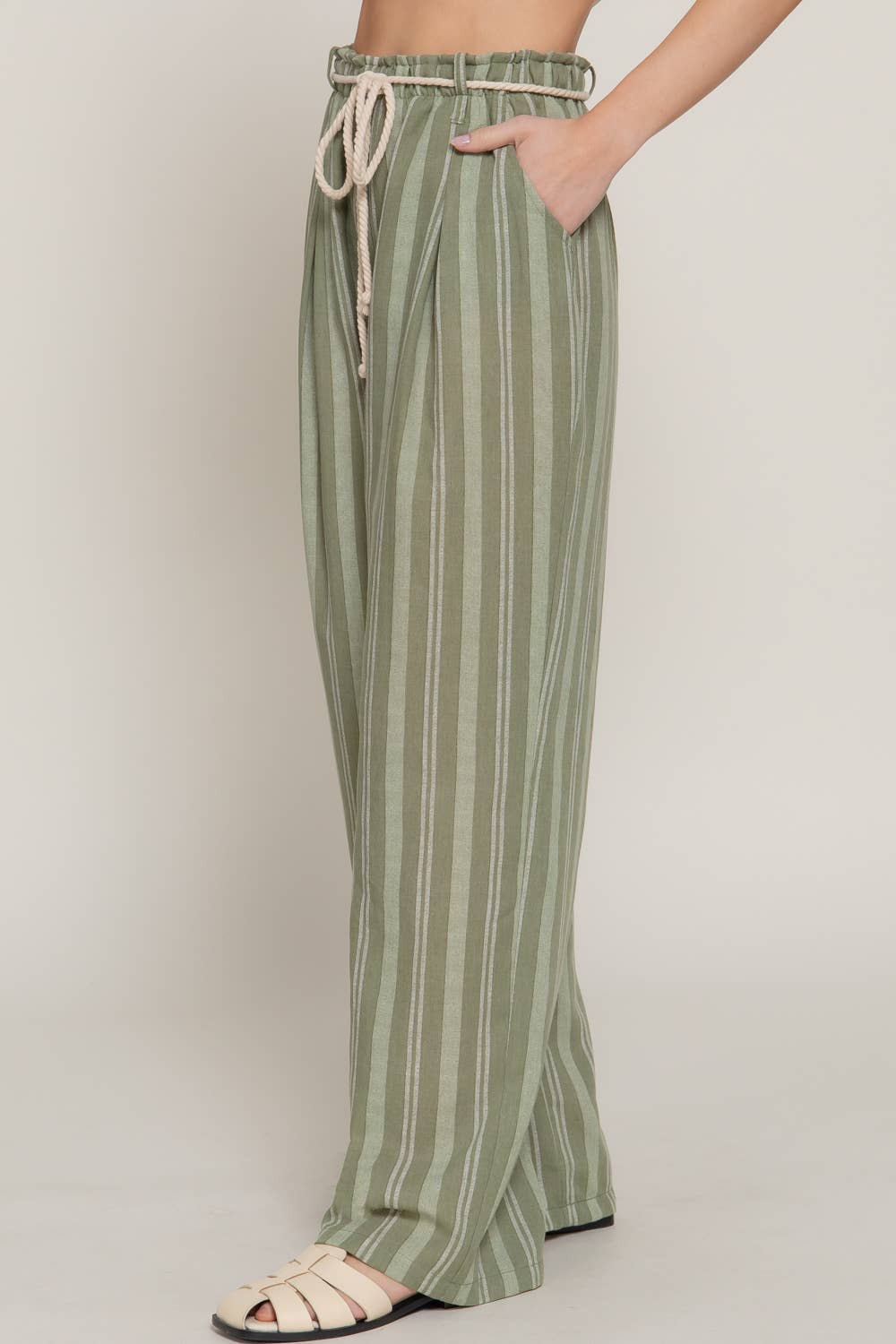 `Rope Belted Stripe Print Linen Effect Pants w/ Pockets