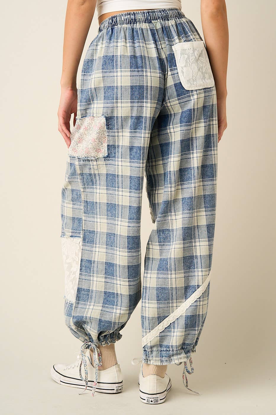 Plaid Patchwork Lace Drawstring Pants