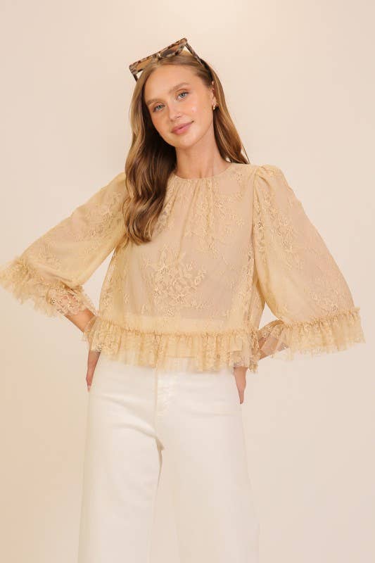 Sheer Lace Ruffle Hem Blouse