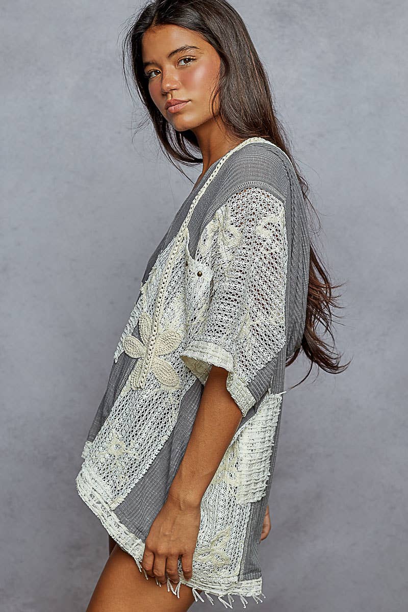 V-neck Hoodie Crochet Flower Top