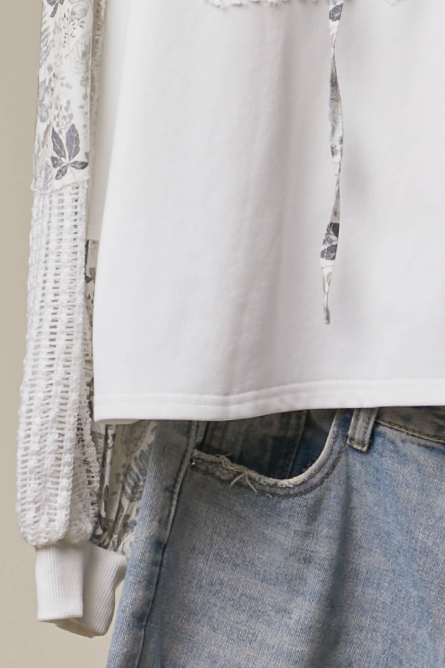 Floral Print Trim Hoodie with Drawstring Neck