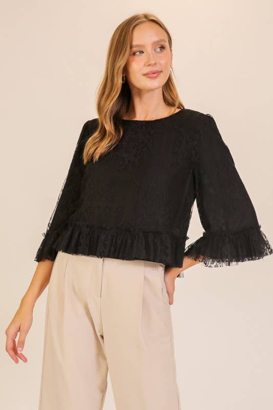 Sheer Lace Ruffle Hem Blouse