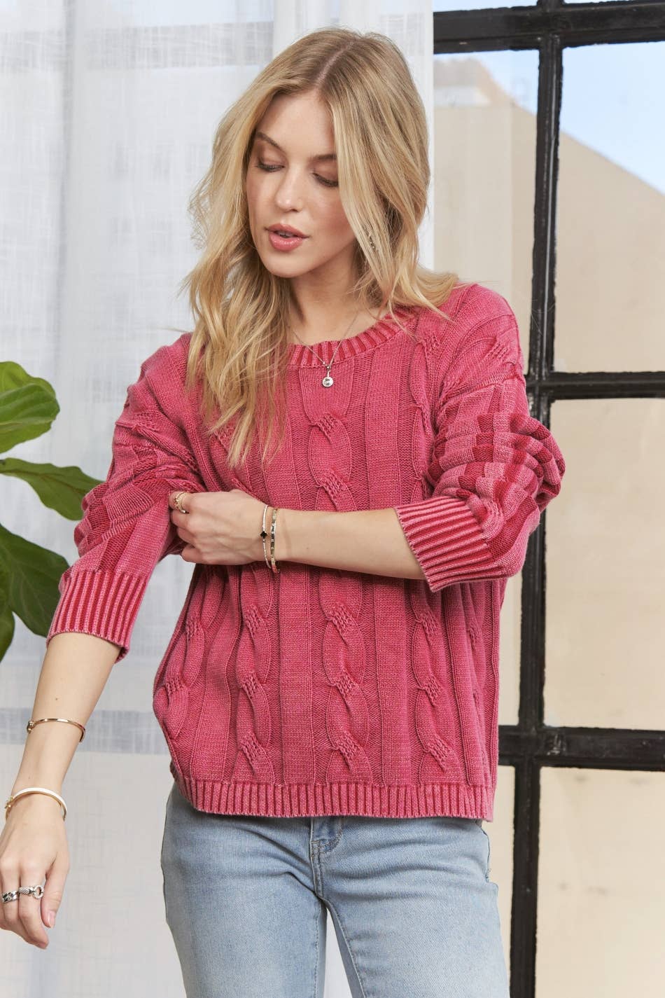 CESW3701 - MINERAL WASHED CABLE KNIT SWEATER TOP
