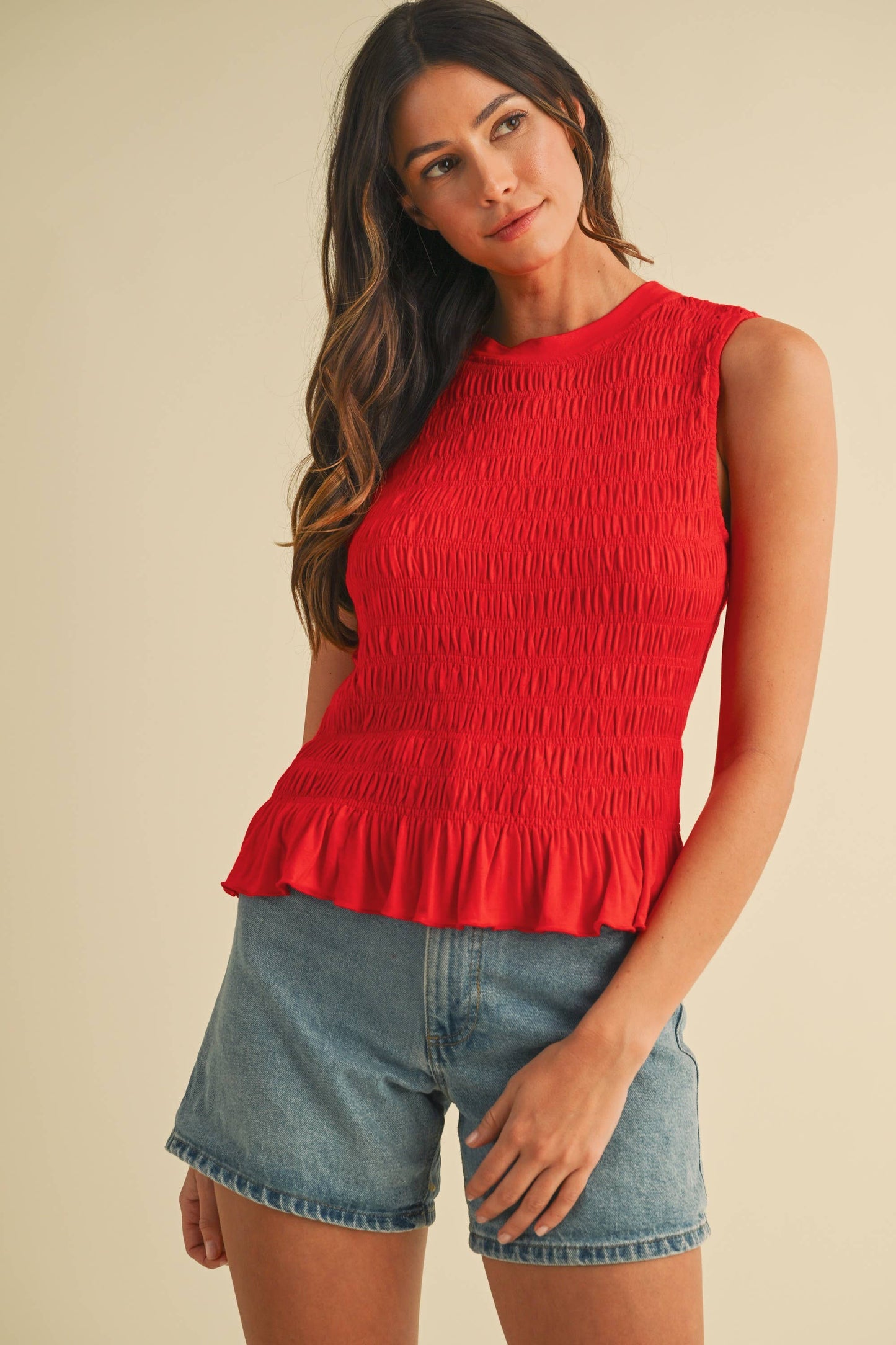 Smocking Detail Ruffle Hem Knit Tank Top