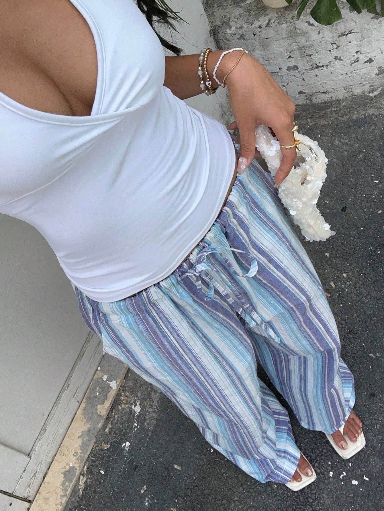 Loose Striped Elastic Waist Versatile Wide-Leg Pants