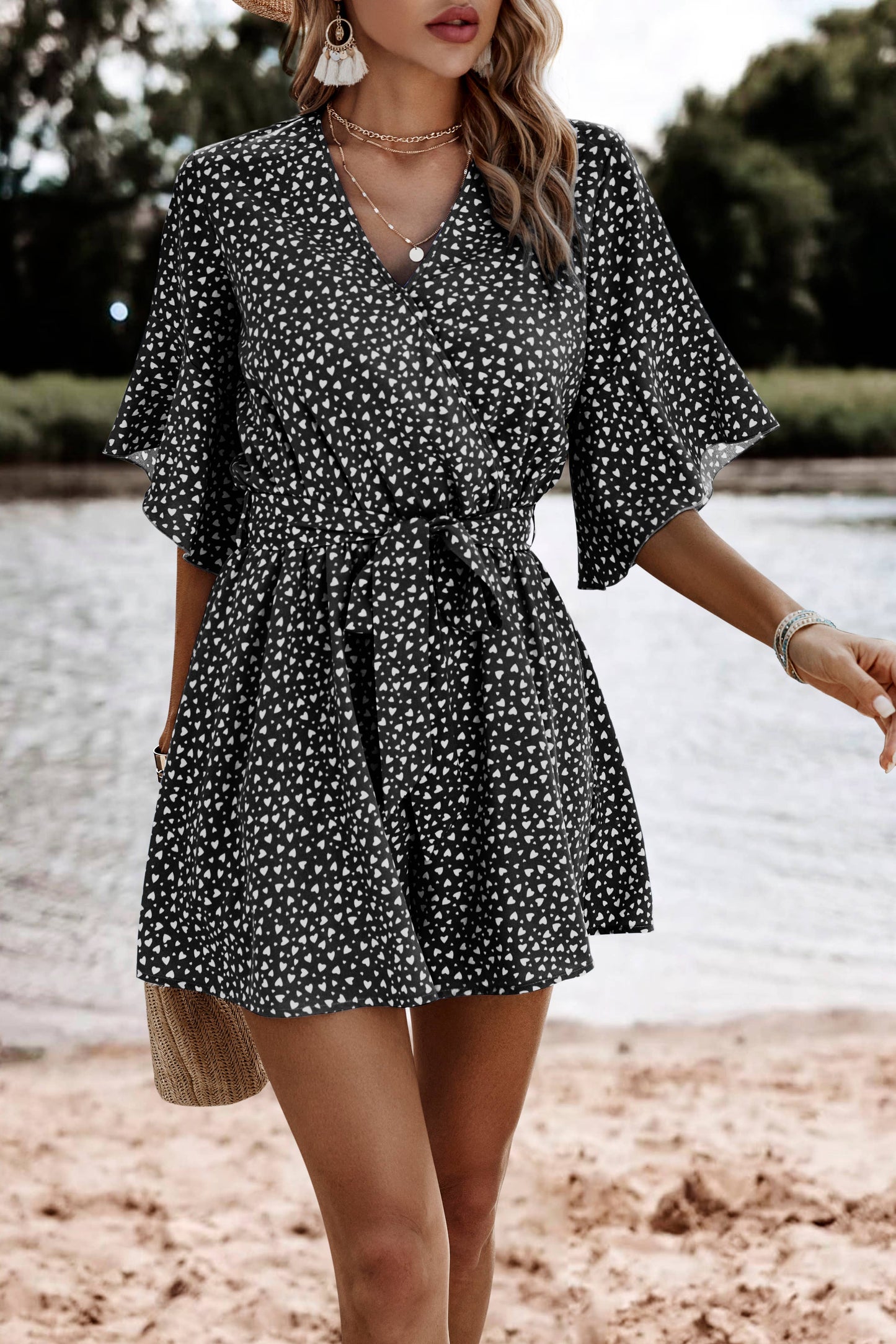 Black And White Print Faux Wrap Romper