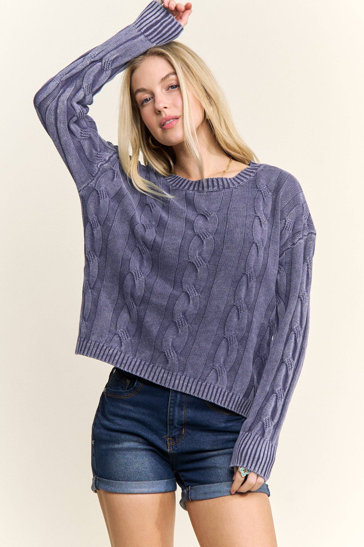 CESW3701 - MINERAL WASHED CABLE KNIT SWEATER TOP