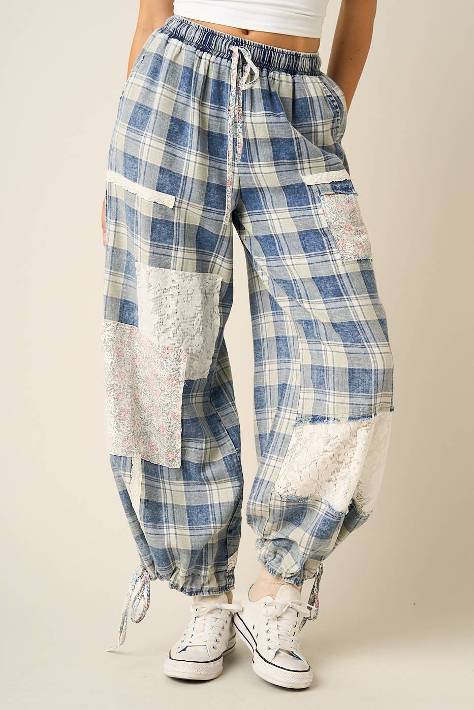 Plaid Patchwork Lace Drawstring Pants