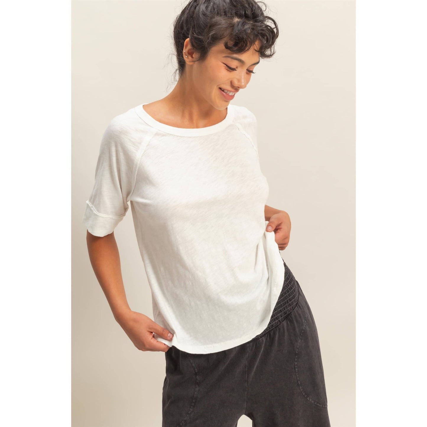 Acid Wash Raw Seam Raglan Short Sleeve Tee