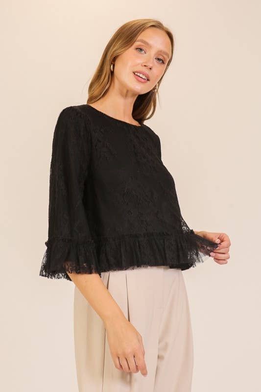 Sheer Lace Ruffle Hem Blouse
