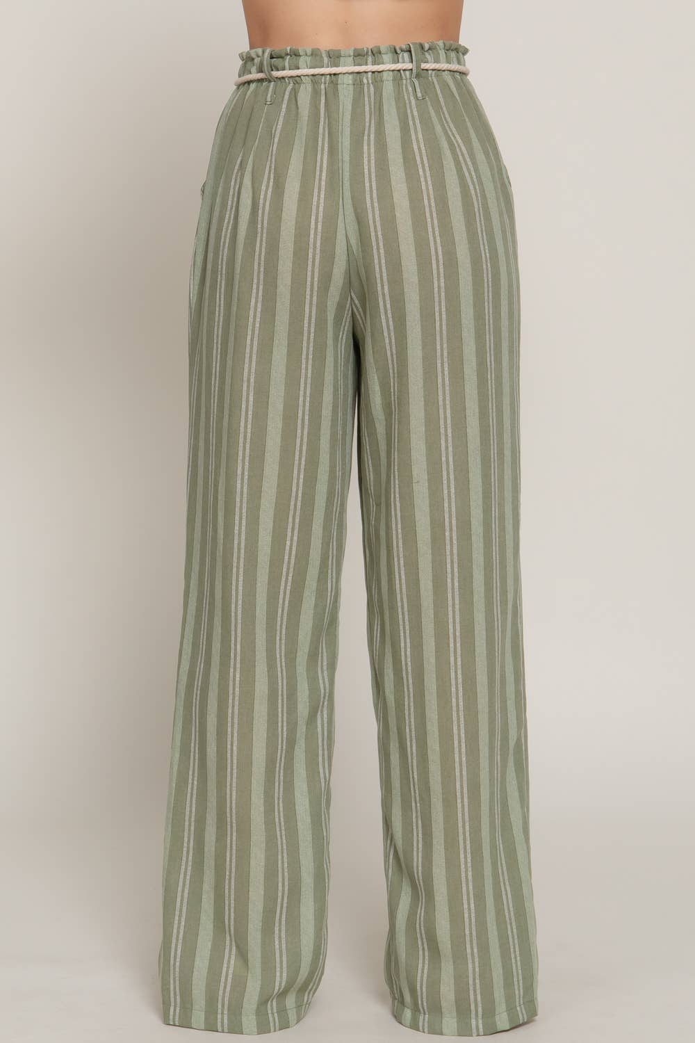 `Rope Belted Stripe Print Linen Effect Pants w/ Pockets