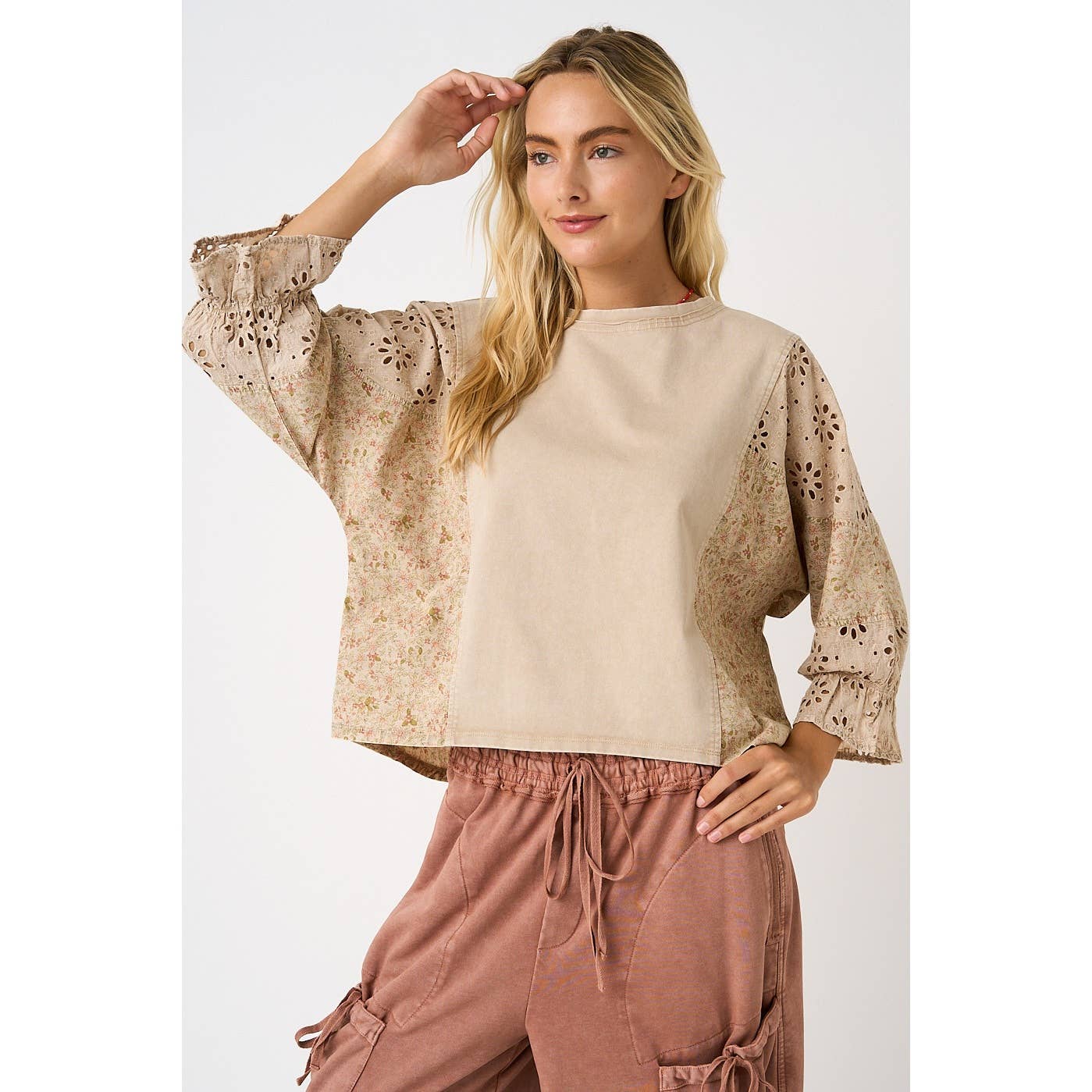 EYELET PATCHWORK RUFFLE LONG SLEEVE TOP