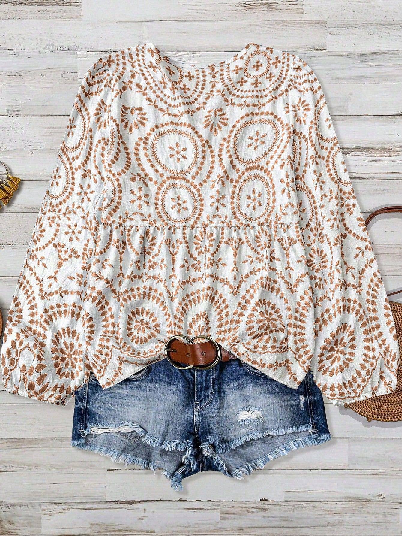Boho Retro Style Ethnic Print Peplum V-Neck Blouse