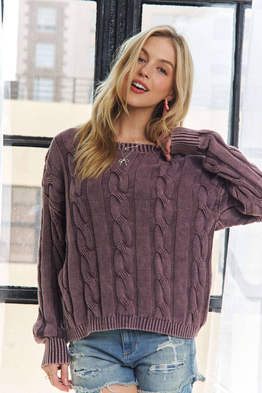 CESW3701 - MINERAL WASHED CABLE KNIT SWEATER TOP