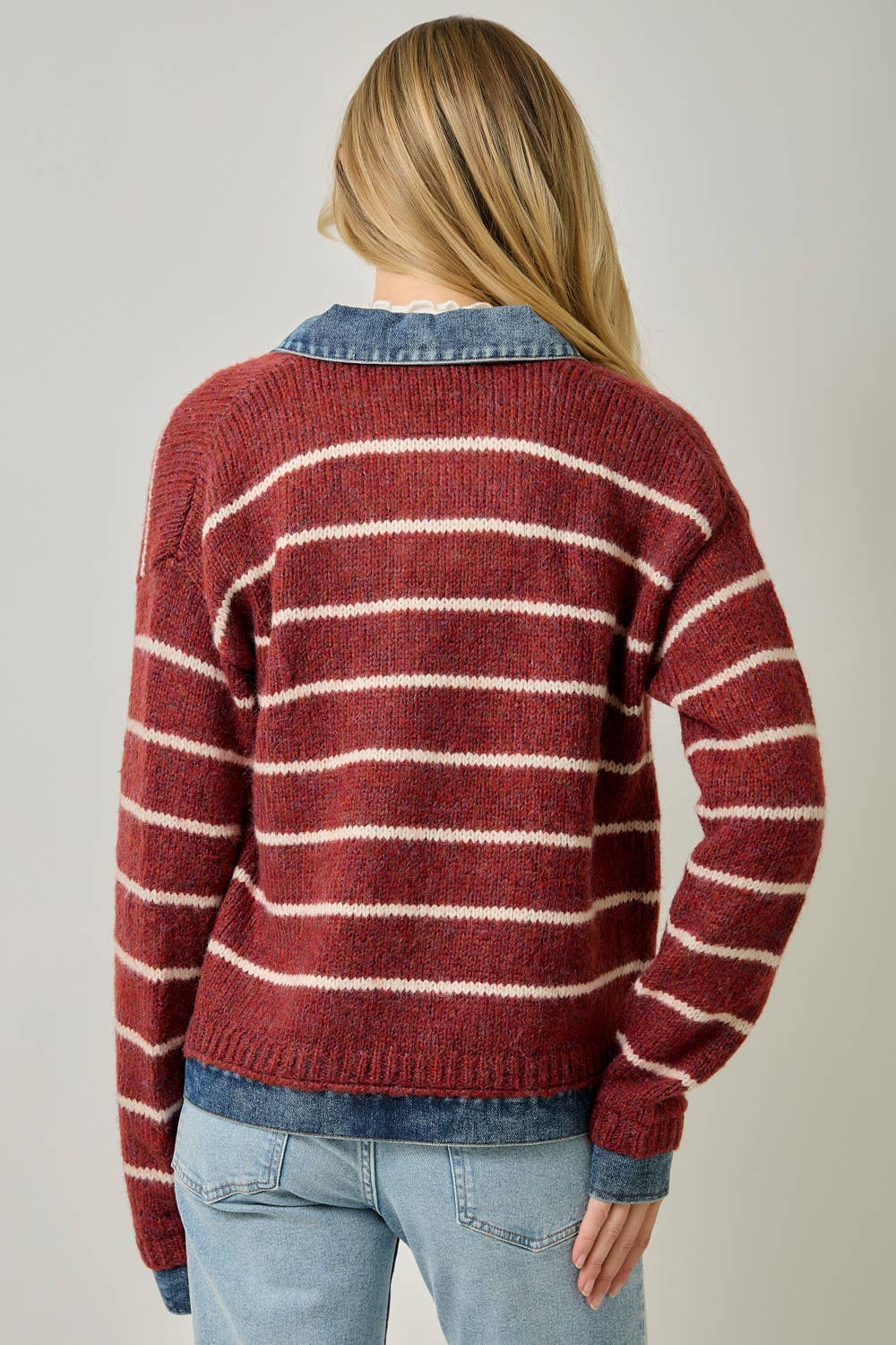 71281 Striped Denim Hem Sweater Jacket