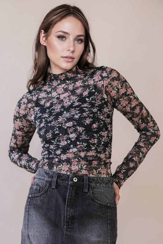 Floral Fitted Sheer Mesh Lace Top