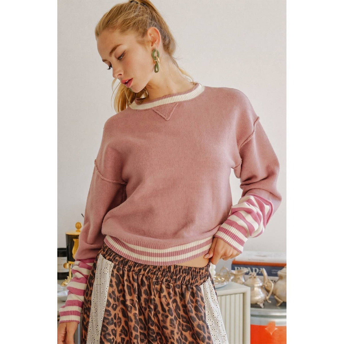 Vintage Stripe Thumbhole Relaxed Knit Pullover