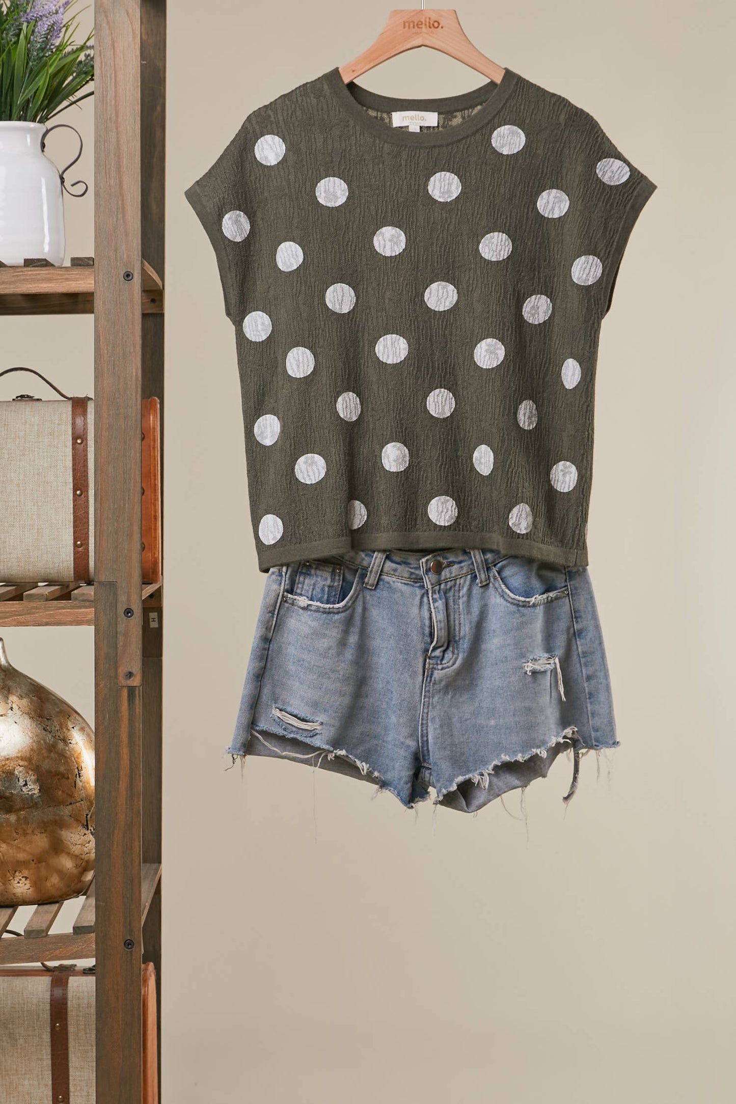 Olive Polka Dot Cap Sleeve Top