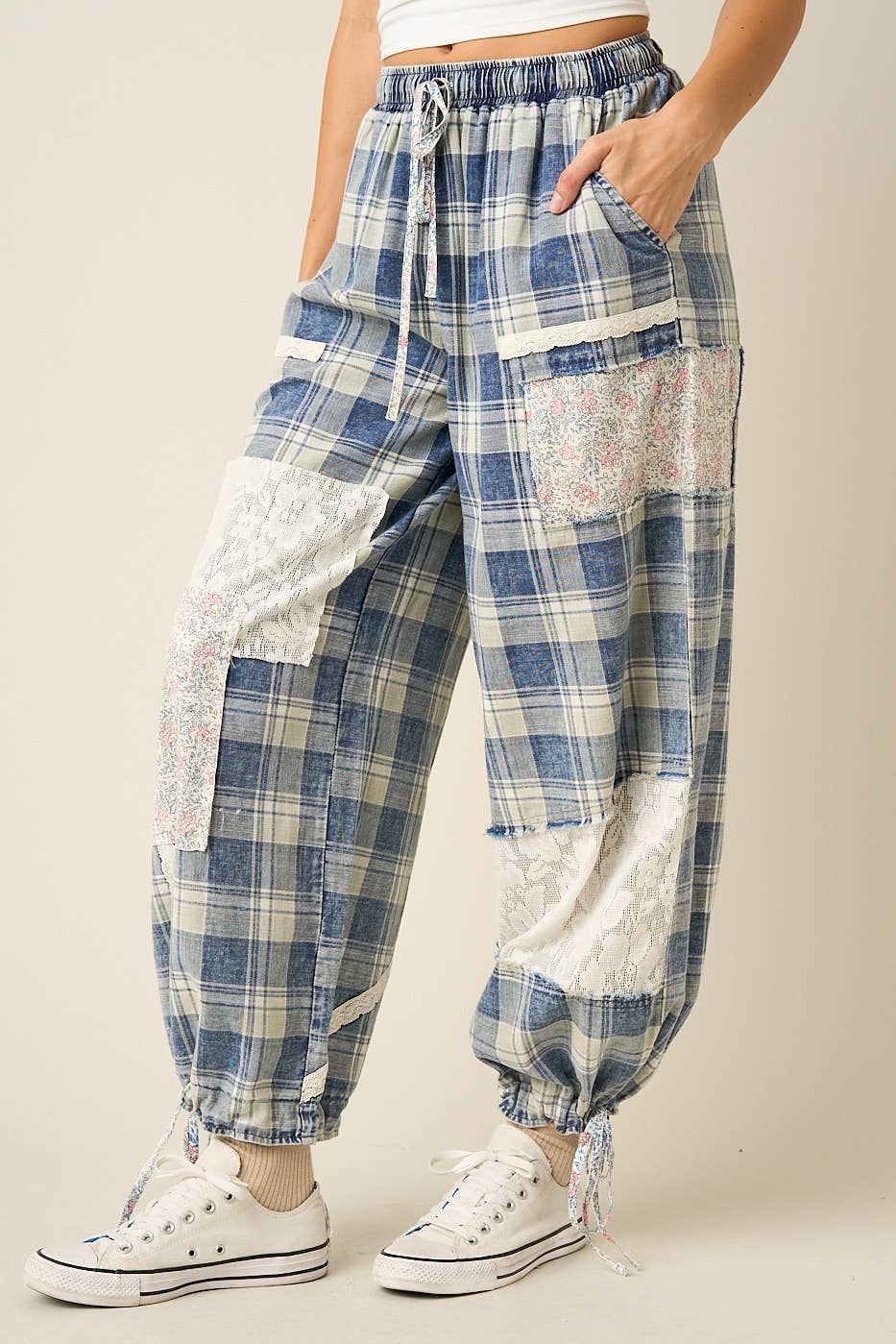 Plaid Patchwork Lace Drawstring Pants