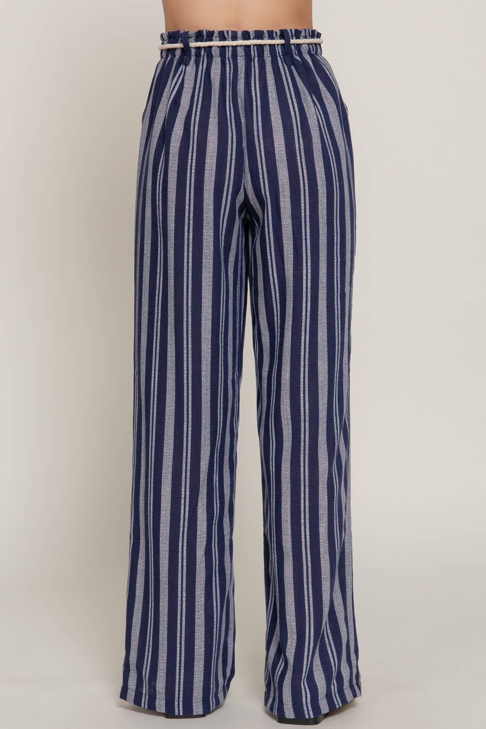 `Rope Belted Stripe Print Linen Effect Pants w/ Pockets
