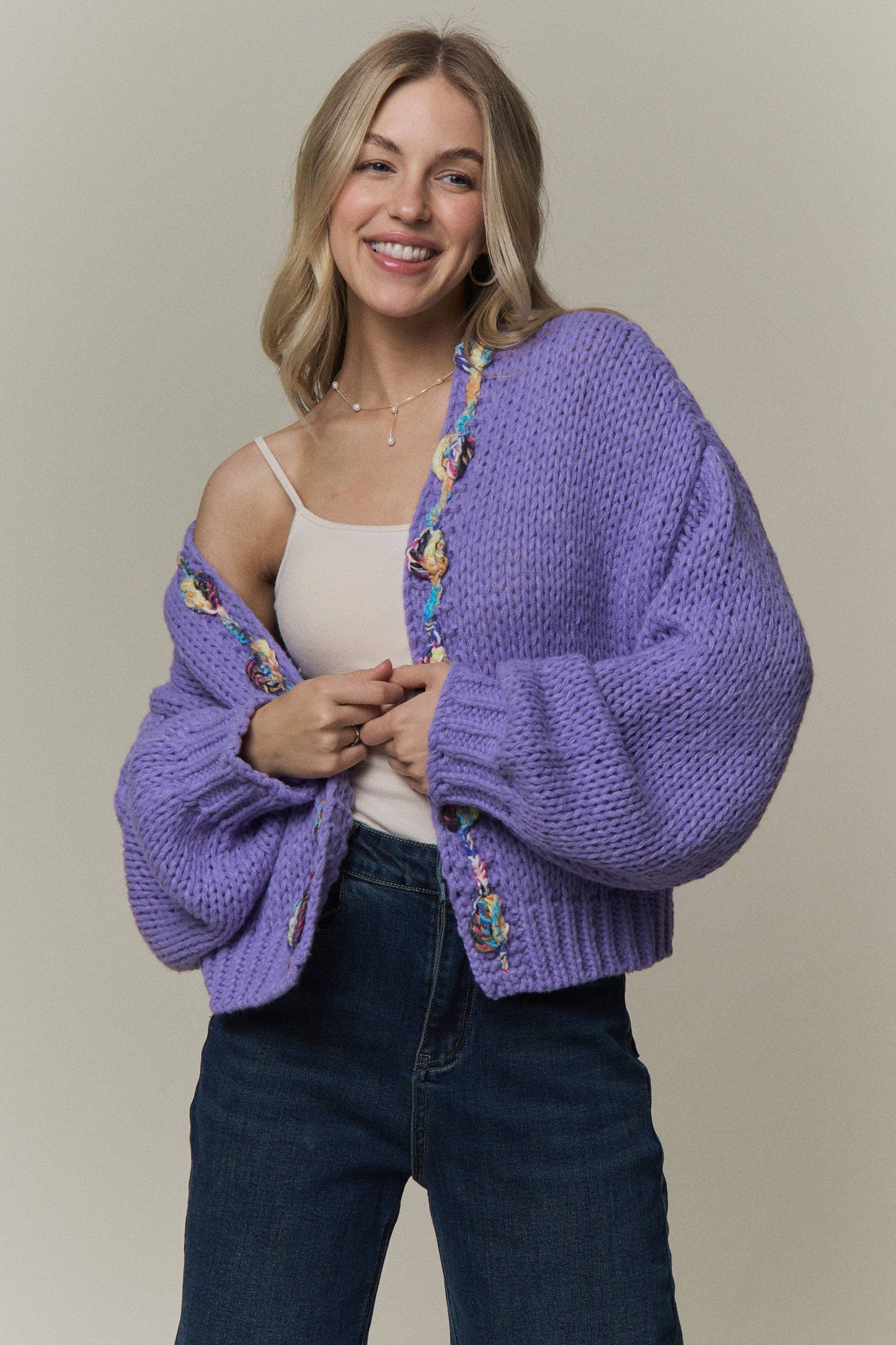 CHUNKY MULTICOLOR TRIM KNIT CARDIGAN - CESW4416