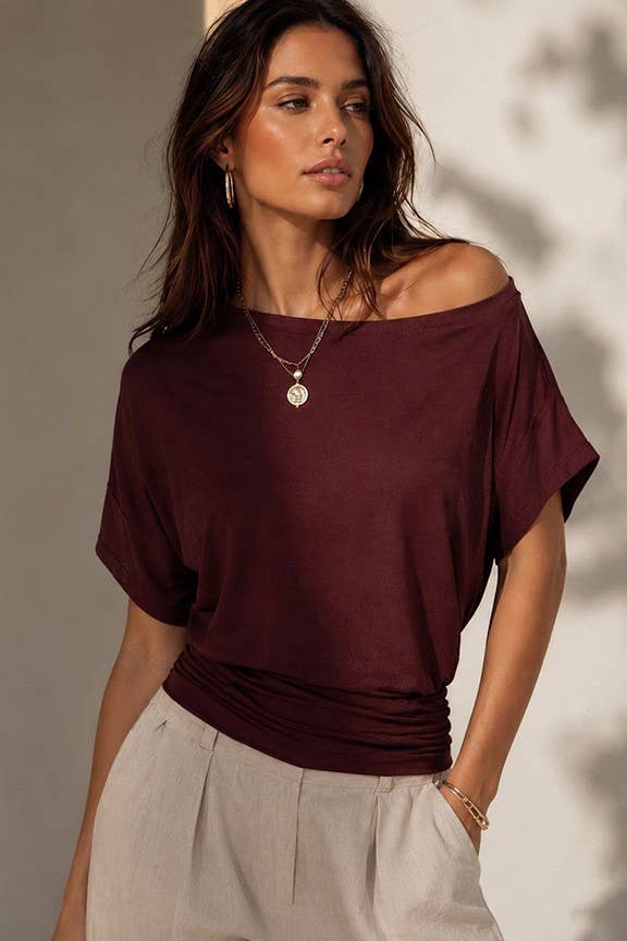 One-shoulder Ruched Waist Knit Top