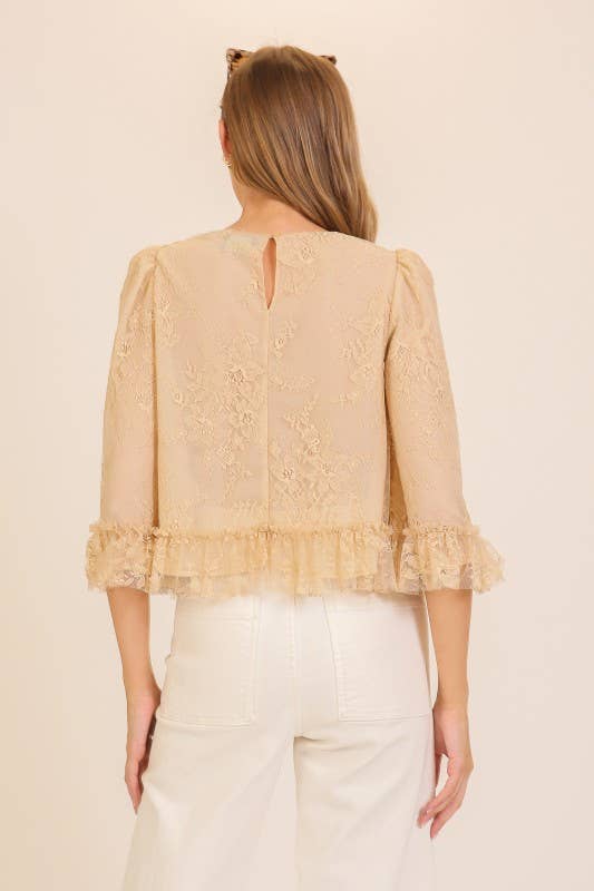 Sheer Lace Ruffle Hem Blouse