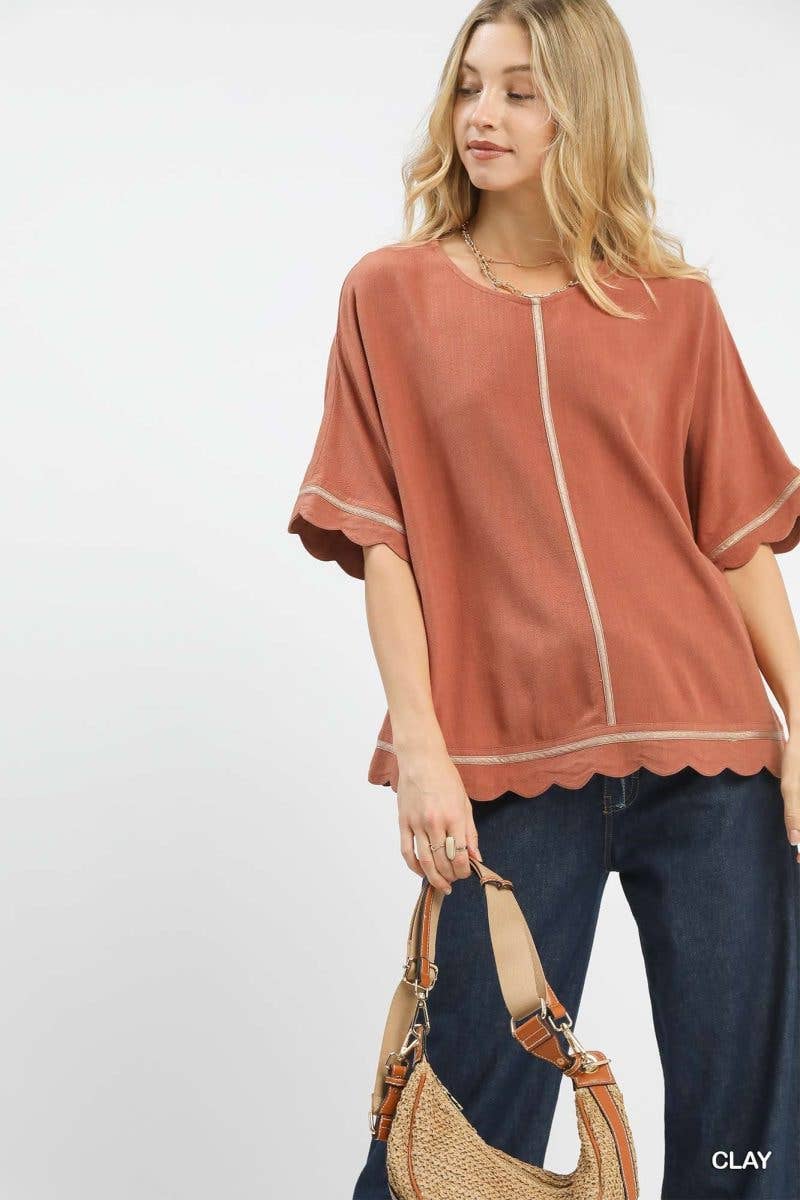 Linen Blend Scallop Trim Top