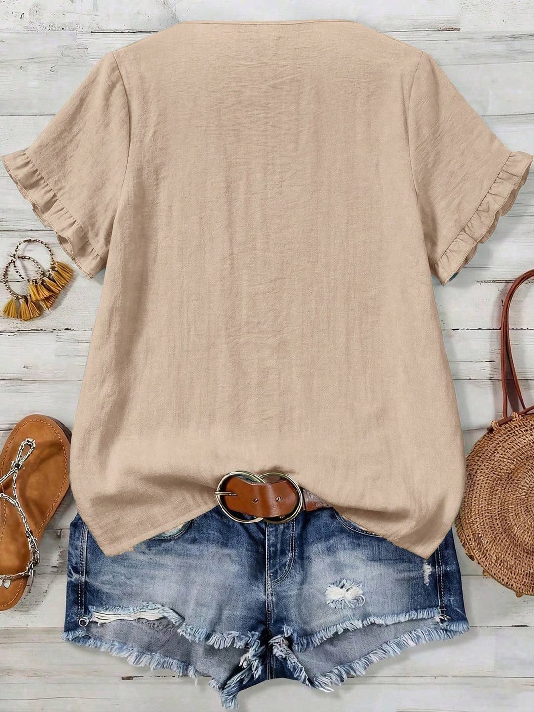 Boho Floral Embroidery V-Neck Ruffle Sleeves Shirt