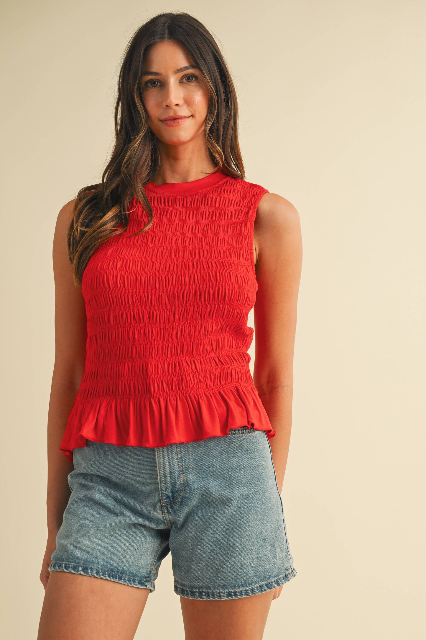 Smocking Detail Ruffle Hem Knit Tank Top