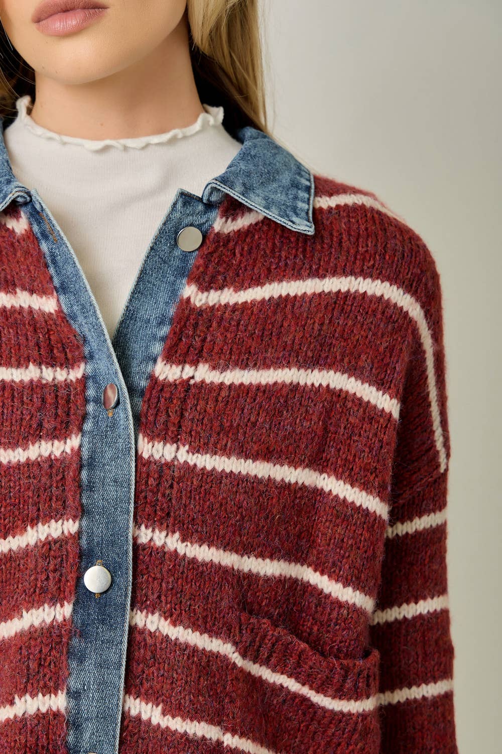 71281 Striped Denim Hem Sweater Jacket