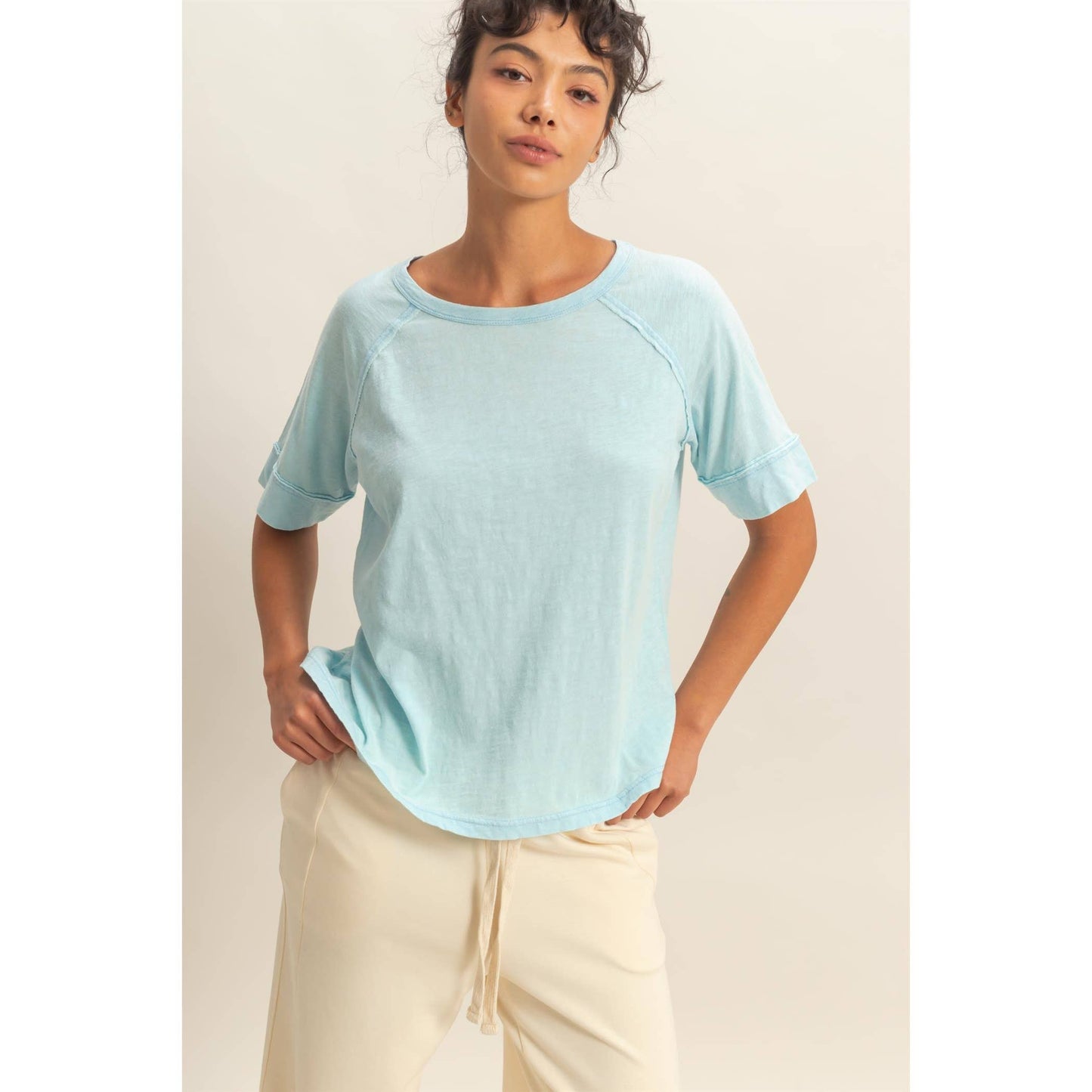 Acid Wash Raw Seam Raglan Short Sleeve Tee