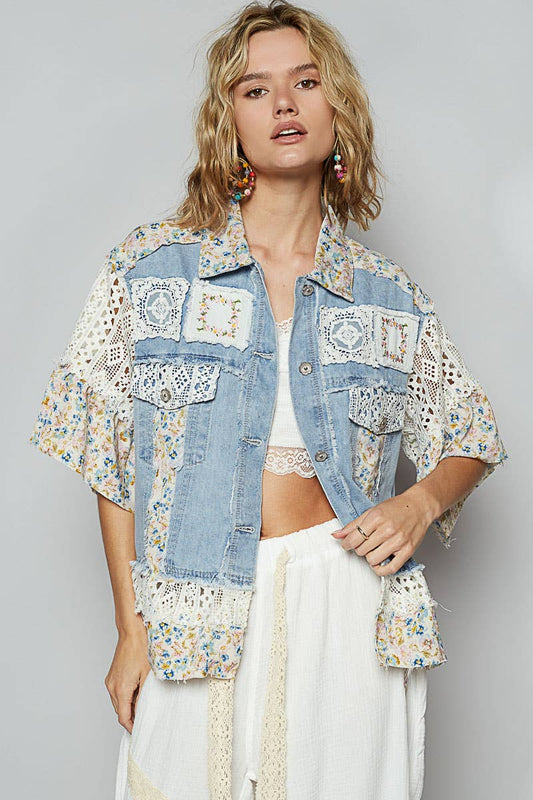 Short sleeve lace embroidered denim jacket