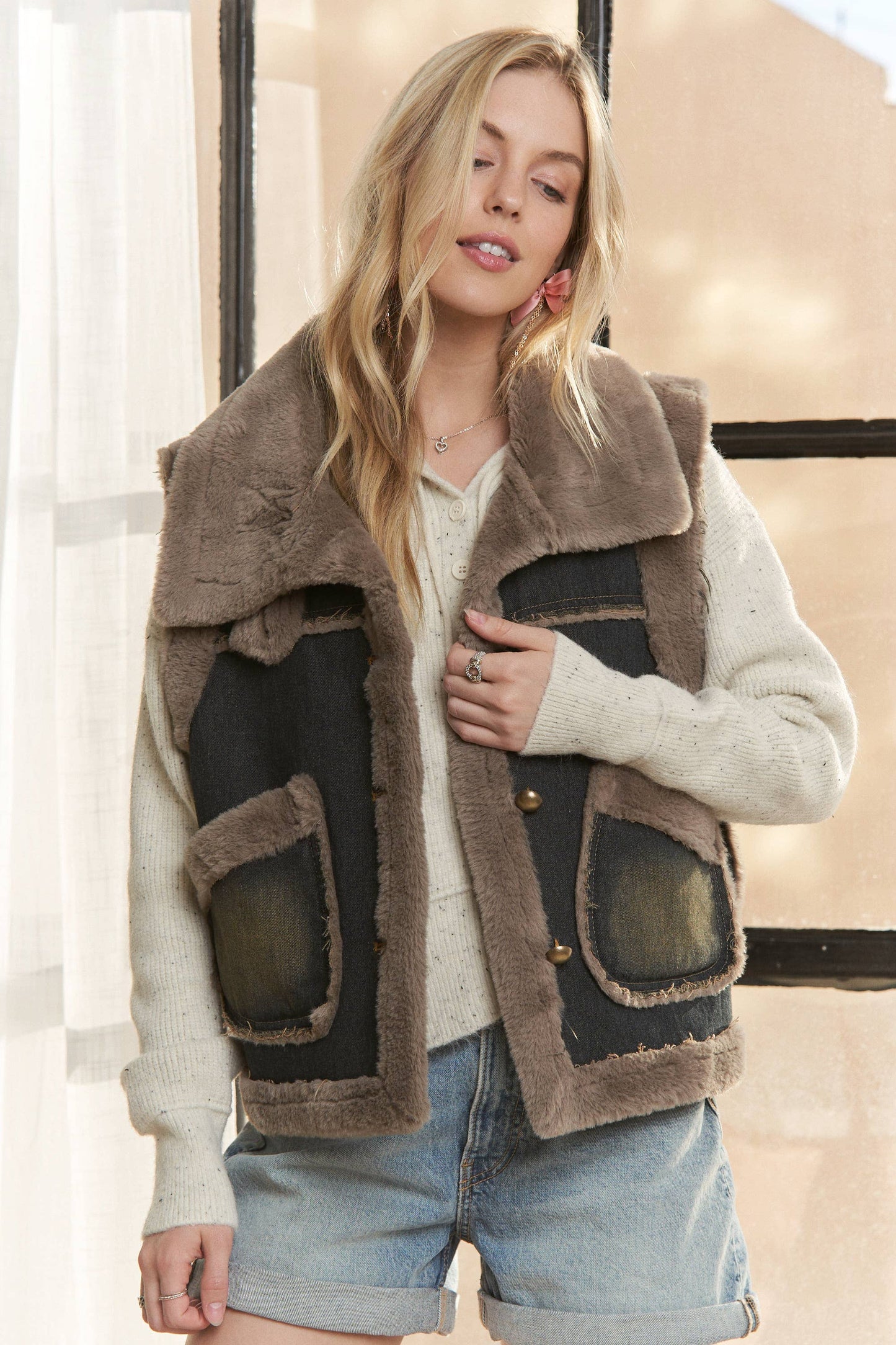 Denim Faux Fur Lined Vest